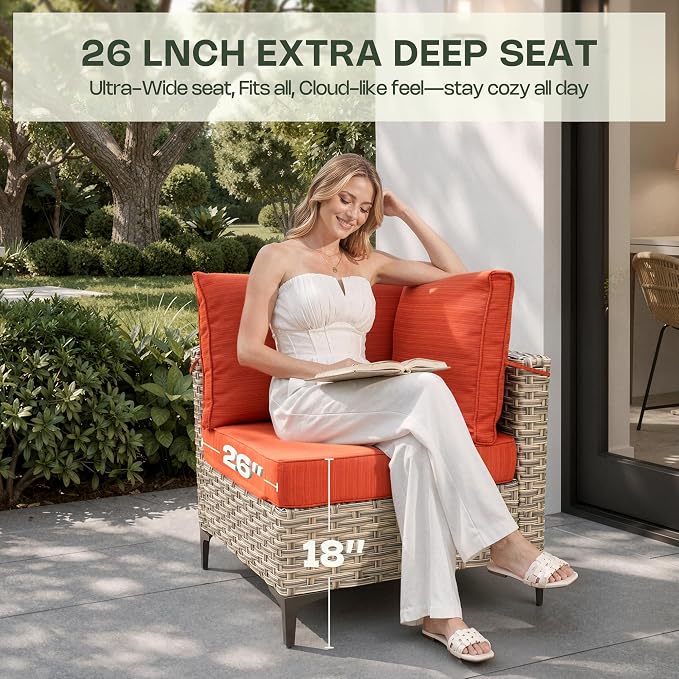 8 Pieces Patio Furniture Set, Outdoor Conversation Set with 360° Swivel Rocker Chairs, Wicker Sectional Sofa & Solar Powered Lighted Table, High Back Outdoor Furniture for Backyard Porch, Orange