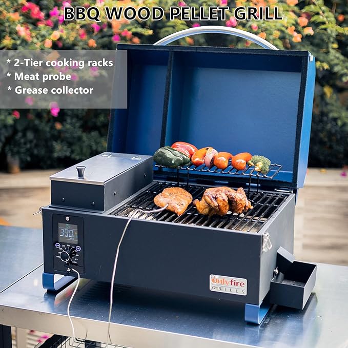 ONLYFIRE GRILLS BBQ Wood Pellet Grill Smoker with Digital Control, Meat Probe & 2 Tiers Cooking Area, Portable Tabletop Grilling Stove for BBQ, Smoke, Bake and Roast, RV Camping, Blue GS313