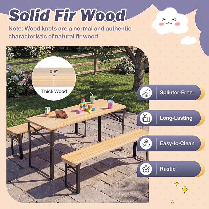 Costzon Kids Picnic Table, 43.5 Inch Folding Picnic Table with 2 Benches, Fir Wood Top & Metal Frame, No Assembly 3-Piece Portable Kids Indoor/Outdoor Furniture for Patio Backyard Daycare (Black)