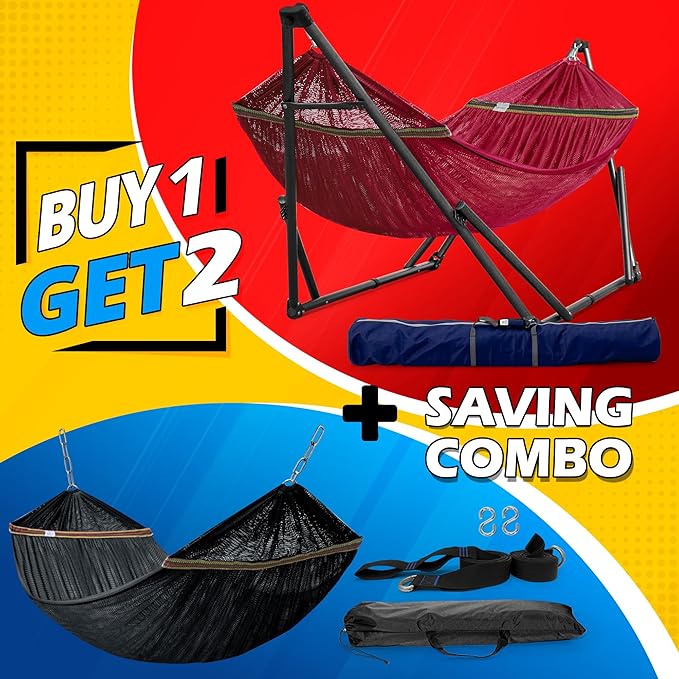 Tranquillo Combo x2 Hammocks with Stand for Outside & Tree Straps, Heavy Duty Hammock with Stand 600lbs for Indoor Outdoor Patio Backyard, x2 Hammocks for 2 Person (Combo - Red, Medium)
