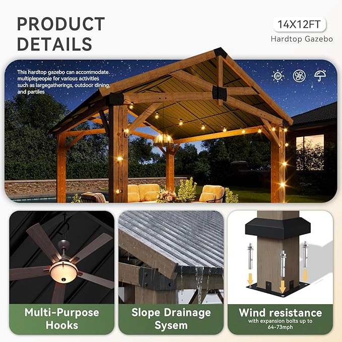 Aoxun 12' x 14' Outdoor Wood Gazebo with 20" Ceiling Fan with Light, Hardtop Gazebo Permanent Wooden Pavilion with Galvanized Steel Gable Roof, for Patio, Garden, Deck, Cedar Wood