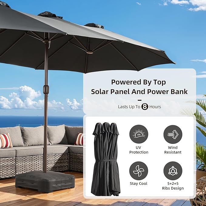 15Ft Patio Umbrella - Large Beach Umbrella W 12 Sturdy Ribs,UPF50 Outdoor Table Umbrella,Picnic Market Umbrella W Base Crank Handle for Pool,Yard,Garden