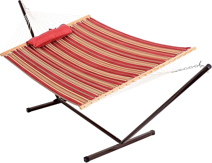 Lazy Daze Hammocks 2 Person Hammock with 12FT Stand for Outside, Quilted Double Hammock with Detachable Pillow, Balance Strap & Carrying Bag Included, 450lbs Capacity, Red Stripes