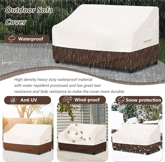 Bitubi Waterproof Patio Sofa Cover, Heavy Duty 3-Seater Outdoor Couch Cover Size Up to 76W x 32.5D x 33H Inches, Lawn Patio Furniture Covers with Air Vent (Brown)