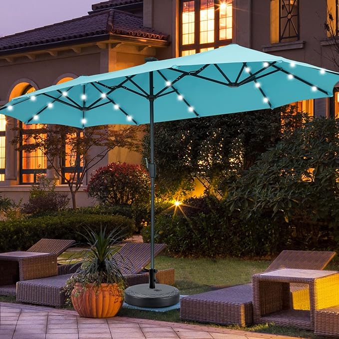 13Ft Large Patio Umbrella with Base Outdoor Double-Sided Market Extra Large Table Umbrella With Solar Lights Easy Crank for Yard, Poolside, Deck-Blue