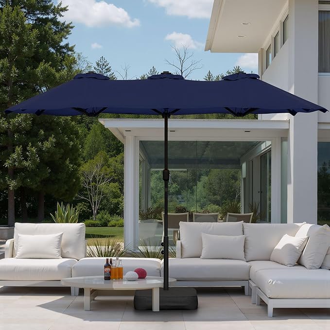 Shintenchi 13FT Large Patio Umbrella with Base Included, Outdoor Double-Sided Rectangular Shade with Crank Handle for Poolside Lawn, Deck & Garden, Dark Blue