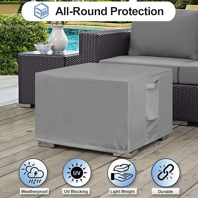 OutdoorLines Outdoor Waterproof Patio Ottoman Covers - Rectangle UV-Proof Patio Side Table Cover Windproof Heavy-Duty Furniture Covering Protector 48L x 25W x 18H Inch, Grey