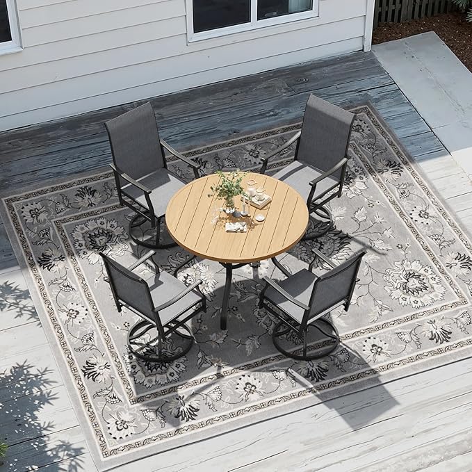 Soohow 5-Piece Outdoor Dining Set, Round Patio Dining Table and Chairs Set, 4 x Swivel Patio Chairs and 41" Round Outdoor Dining Table with 1.57" Umbrella Hole, Wood-Like, Poolside, Backyard, Deck