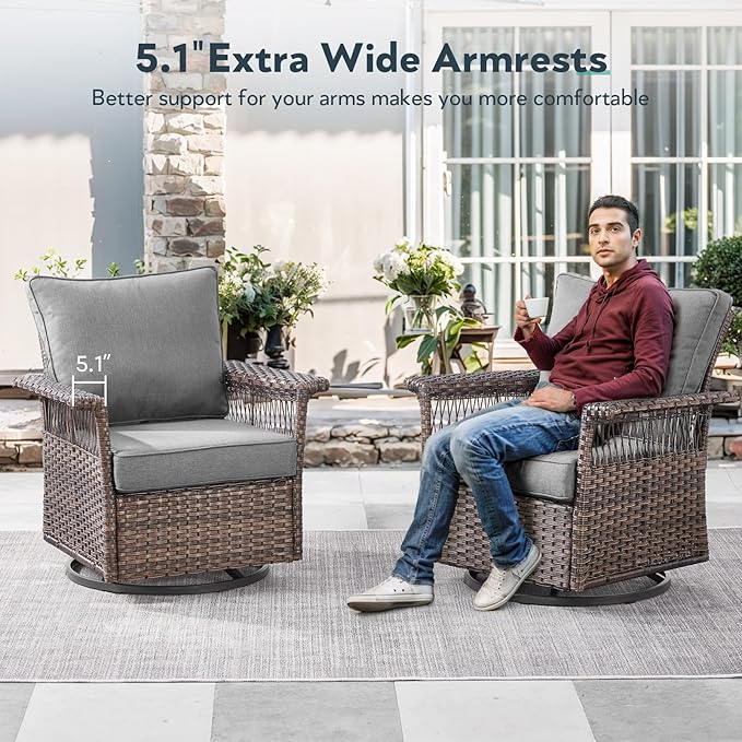 5 Pieces Wicker Patio Furniture Set - Hollow Widen Armrests Outdoor Swivel Glider Chairs with Side Table & Ottomans, Small Patio Conversation Set for Balcony Porch Deck and Yard - Brown/Gray