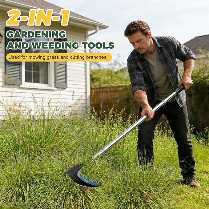 Sickle Weeding Tool-Manual Weeder Tool with Double Blade Head Heavy Duty Garden Hand Tool for Weeding Farm Harvesting Clearing Vines