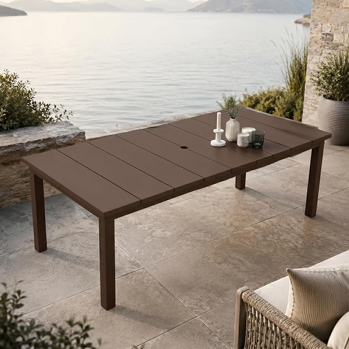 75.2" Outdoor Dining Table for 4-6 People, Patio Dining Outdoor Table with Umbrella Hole, All Weather Patio Table for Backyard, Deck and Garden, Brown