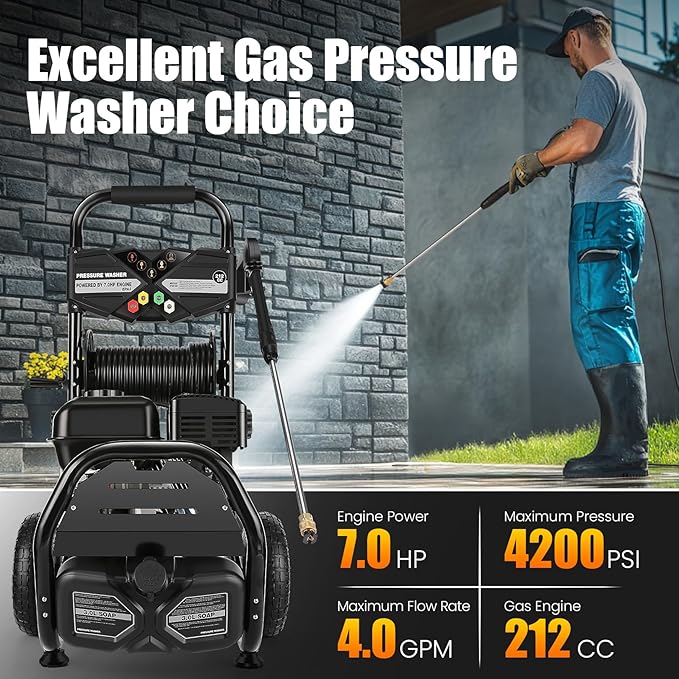 4200PSI Gas Pressure Washer 4.0GPM Gas Power Washer 212CC Powered Washing Machine Commercial High Pressure Washer with 32ft Hose&5 Nozzles for Patio Garden Yard Vehicle,EPA/CARB/ETL (Black)