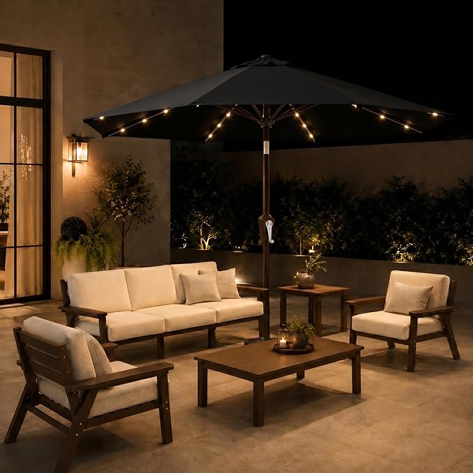 11FT Solar Patio Umbrella with Lights, Outdoor Table Market Umbrella with 32 LED Lights, 8 Sturdy Ribs, Smooth Crank Lift for Pool, Deck and Garden, UV-Resistant