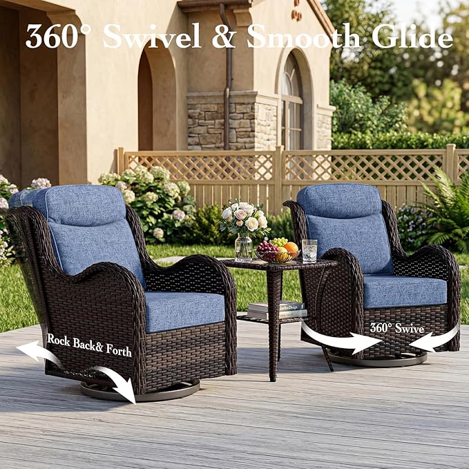 3 Pieces Outdoor Swivel Chairs Set of 2 with Rattan Side Table, Weather-Resistant Wicker High Back Swivel Rocker Chairs, Patio Conversation Set for Outside Porch Deck Garden,Blue