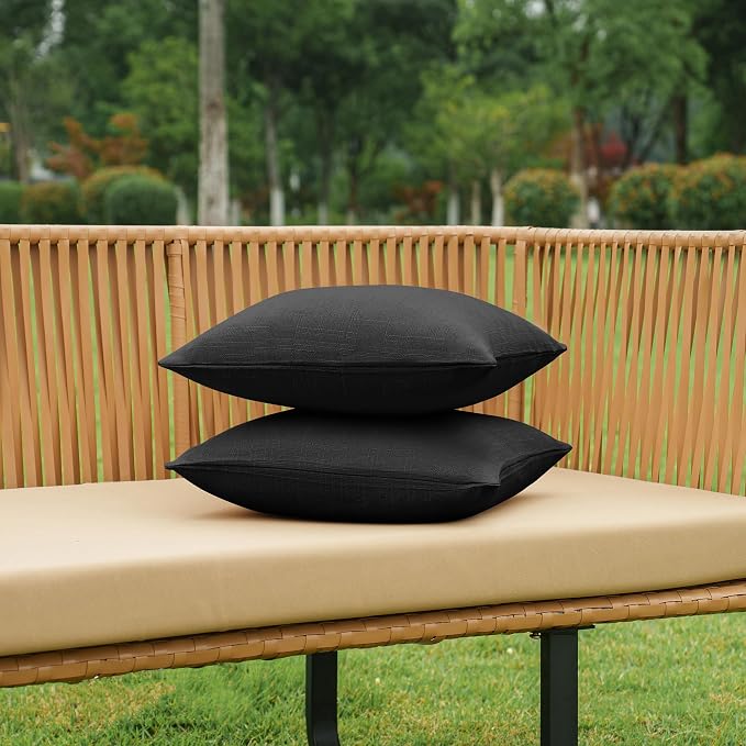 NiNi ALL Pack of 2 Decorative Outdoor Waterproof Pillow Covers Square Garden Linen Textured Cushion Sham Throw Pillowcase Set of 2 for Patio Farmhouse Garden Tent Couch 26x26 Inch Black