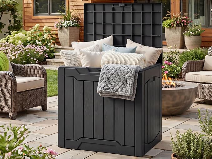 30 Gallon Deck Box Outdoor Storage Bench, Wood-Like Texture Resin Patio Box with Lockable Lid, Waterproof UV Resistant Outdoor Seat for Patio, Garden, Poolside