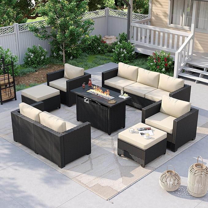 Aoxun 7 Piece Patio Furniture Set with Fire Pit Table, 9 Seats Outdoor Furniture Set with Wicker Ottomans, Rattan Outdoor Sectional Sofa with Thickened Cushion & Waterproof Cover Beige