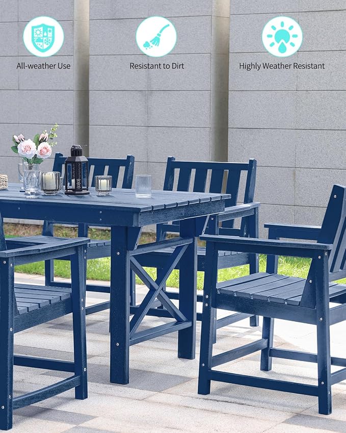 Outdoor Patio Dining Table Set, 7-Piece Outdoor HDPE Dining Furniture Sets with Umbrella Hole Cut-Out Table and 6 Chairs for Patio, Garden, Backyard, Lawn and Poolside, Navy