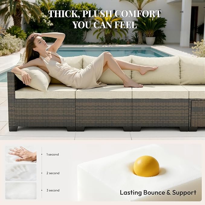 7 Piece Patio Furniture Set, All-Weather Water-Resistant Wicker Rattan Sectional Sofa, Modular Outdoor Conversation Set for Backyard, Garden, Poolside, Balcony