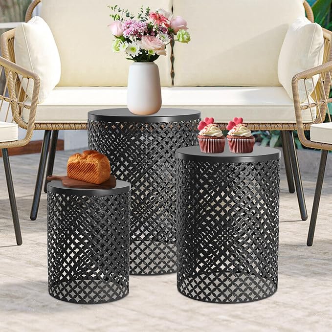 Metal Frame Accent Table,Cylindrical Outdoor Side Table,Decorative Garden Stool,Set of 3 Nesting Side Table,Modern Decorative Garden Stool for Patio Balconies Cafes Parks (3, Black)