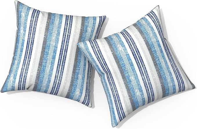Outdoor Pillows for Patio Furniture 16x16 inch, Square Outdoor Throw Pillows with Inserts, Decorative Patio Pillows for Garden Couch Home Sofa Office Chair, Pack of 2, Stripe Layered Blue
