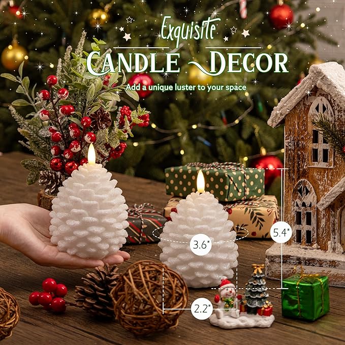 Christmas Flameless Pinecone Candles with Remote, Real Wax Battery Operated Pine Cone Candles, 2 Pack Flickering Led Candle Christmas Decorations for Winter Home Holiday Xmas Gift, White