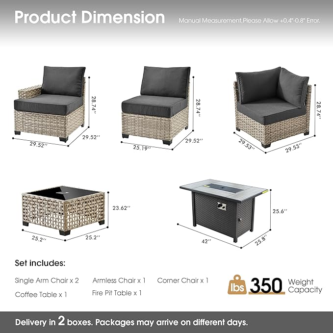 Outdoor Sectional Patio Furniture Set with Fire Pit,7 Pieces Rattan Conversation Sets,Out Door L Shaped Furniture with Glowing Coffee Table,Black
