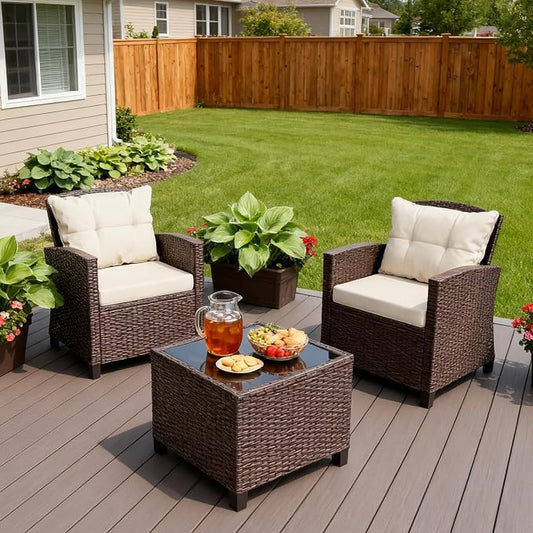 JAMFLY 3 Piece Wicker Patio Furniture Set - Outdoor Rattan Conversation Set with Soft Cushions & Glass Coffee Table for Balcony, Porch, Small Backyard - All Weather Beige Bistro Set, Beige