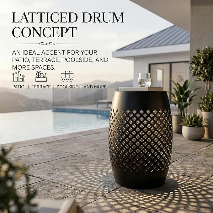 12.5" Metal Outdoor Side Table, Round Hollow Drum Patio End Table with Lattice Pattern, Modern Steel Accent Table for Garden, Balcony, Poolside and Indoor, No Assembly, Black, 18" H