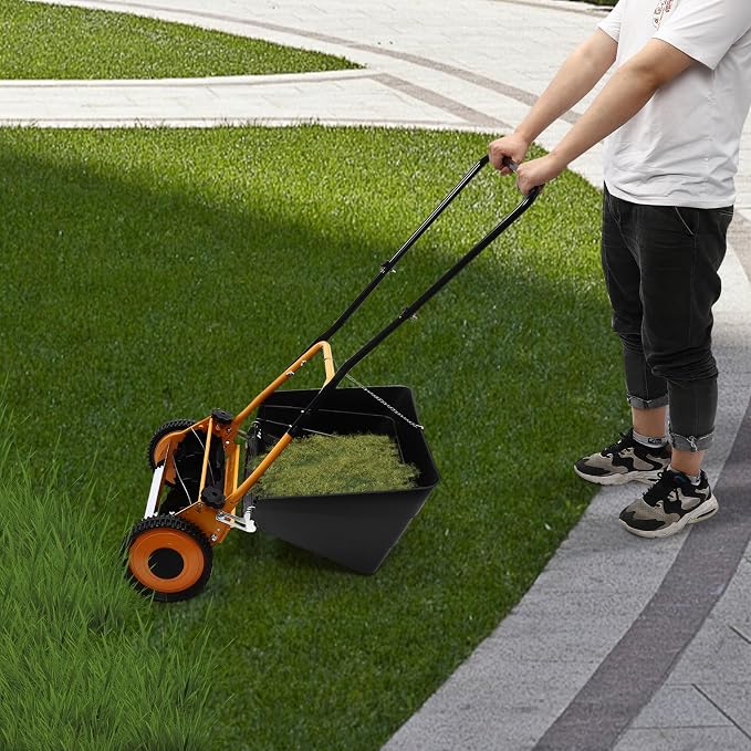 16 Inch 4-Blade Push Reel Lawn Mower with Grass Catcher, Wheeled Lawn Mower, Hand Push Lawn Mower