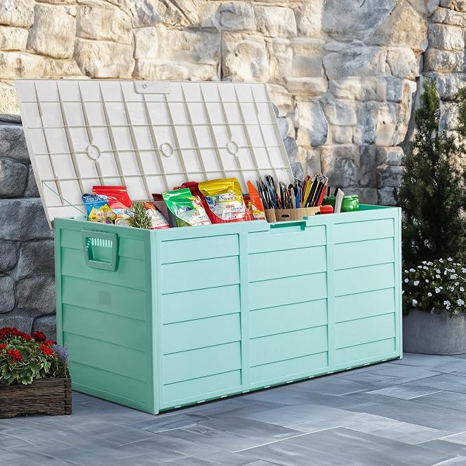 75Gal 280L Green Plastic Outdoor Storage Deck Box, Weatherproof UV Resistant Lockable Patio Storage Chest with Wheels and Molded Handles, Tool-Free Multipurpose Container for Garden Tools Cushions BBQ