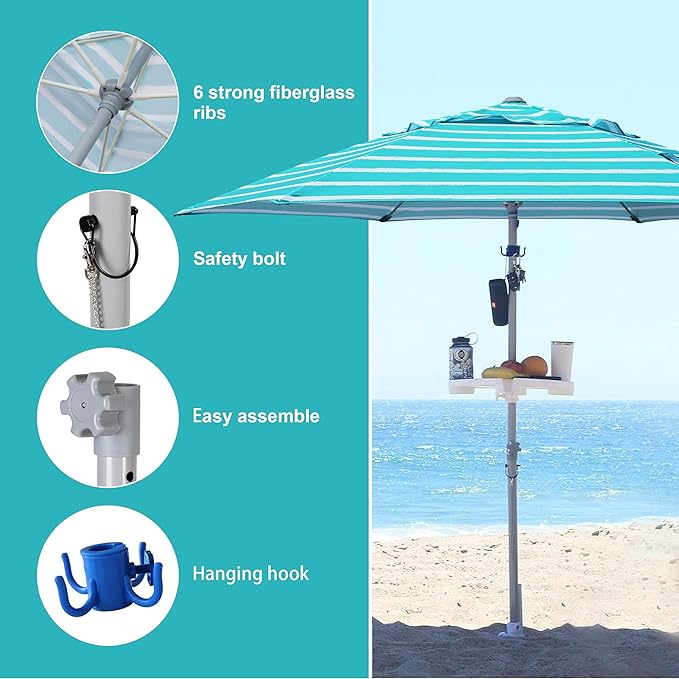 AMMSUN 8ft Large Beach Umbrellas for Sand Heavy Huty Wind Portable Commercial Grade Patio Beach Umbrella with Sand Anchor Adjustable Height Air Vent UPF 50+ Telescoping Pole without Tilt Teal White