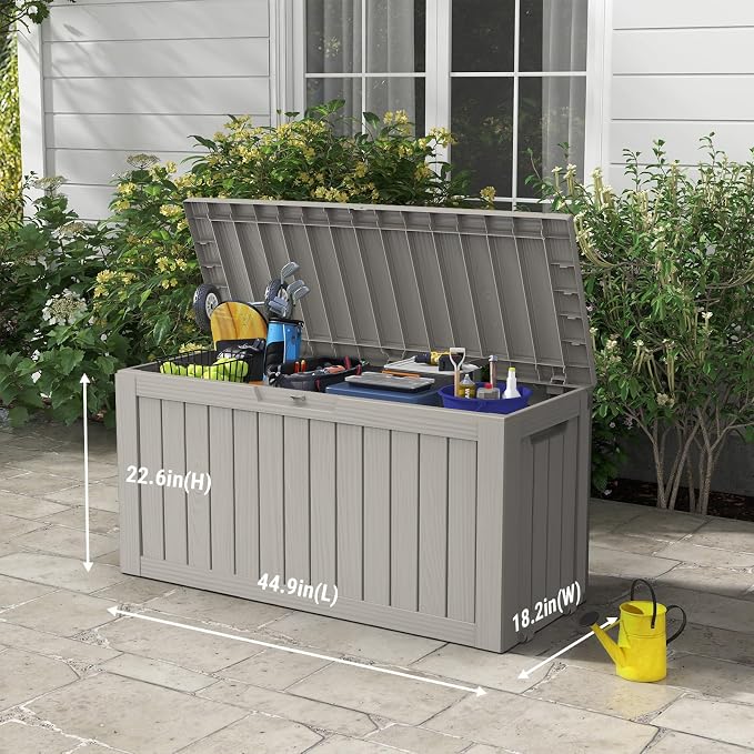 Mars Villa 72 Gallon Deck Box, Waterproof Weatherproof and UV Resistant Resin Storage Bin with Lockable Lid, Ideal for, Outdoor, Patio Furniture Cushions, Pool Supplies, Garden Tools, Grey