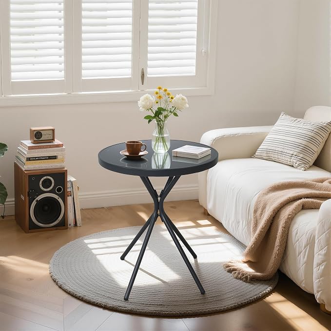 Outdoor Round Coffee Side Table,Tempered Glass Tabletop,All-Weather Bistro Table,Suitable for Terraces, Gardens, Bedrooms and Courtyards.
