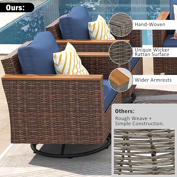 Outdoor Patio Sectional Furniture Set, 8-Piece Wicker Rattan Sofa Set with Thick Cushion, Patio Swivel Rocking Chairs Set of 2 with Acacia Storage Table, Conversation Set for Backyard (Blue+Brown/36)