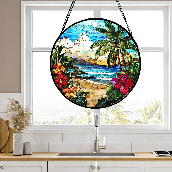 DASTOLL Stained Glass Window Hanging, Blue Beach Scenery Suncatcher Diamond Glass Panel Hangings Sun Catchers Decor for Birthday for Women, Men, Wife, Aunt, and Mom 9.8 in