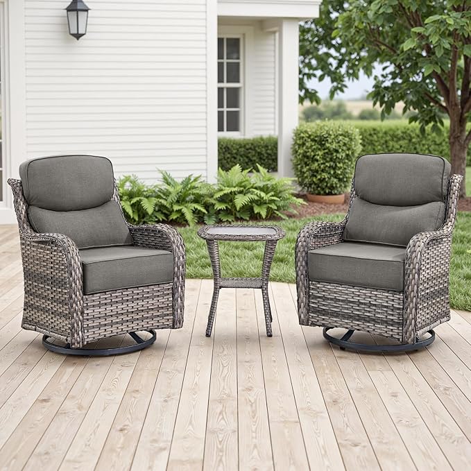 Rilyson Outdoor Patio Furniture Set - Weather Resistant Wicker,High Back,6 inch Cushions,3 Piece Patio Bistro Set with Swivel Rocker Chairs and Side Table for Deck Porch Yard,Mixed Grey/Grey