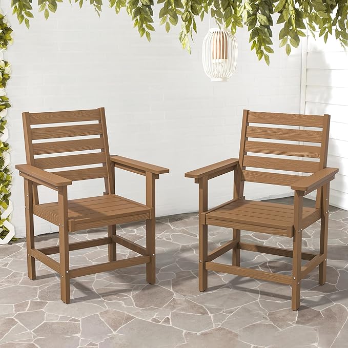 Patio Dining Chairs Set of 2, HDPS Weather Resistant Outdoor Chairs with Armrest, Heavy Duty 300LBS Support Patio Chairs for Backyard Deck Porch Balcony, Brown