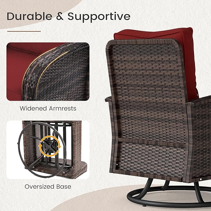 Kromax Outdoor Patio Furniture Set, All-Weather Wicker Swivel Glider Chairs Set of 2 with Coffee Table Table & Thick Machine Washable Cushions for Backyard, Garden, Porch, Brown/Red