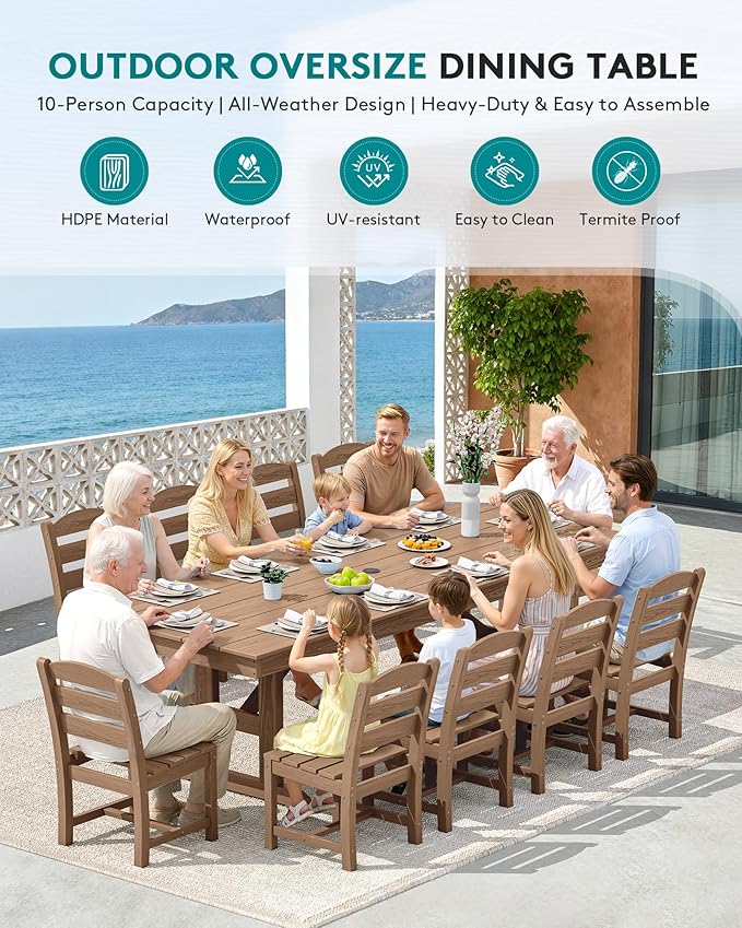 SERWALL Outdoor Dining Table, 84" Rectangular Dining Table for 6-10 Person, All Weather HDPE Patio Dining Table with Umbrella Hole for Backyard, Garden, Brown