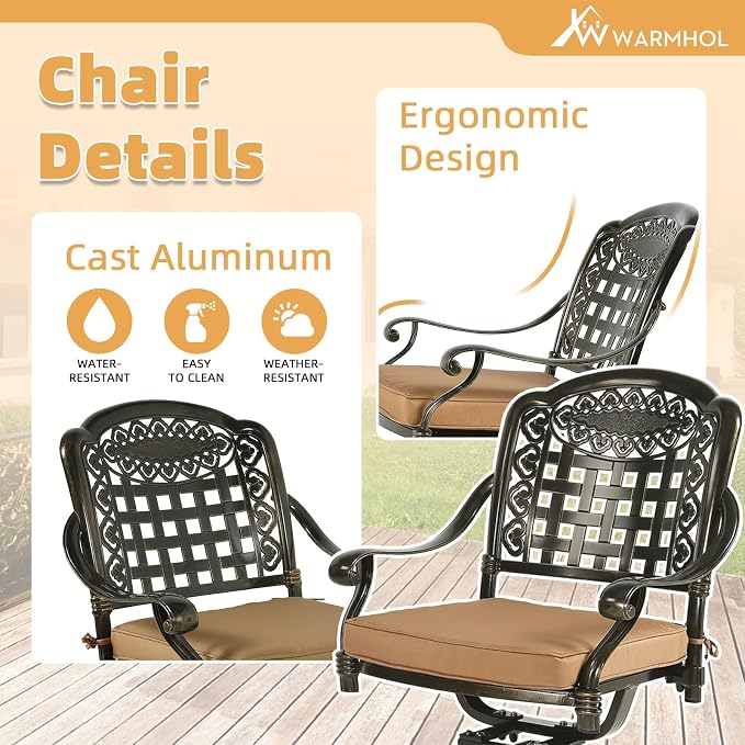 9-Piece Patio Furniture Dining Set, Cast Aluminum Outdoor Conversation Set- 61" Round Patio Dining Table with Detachable Lazy Susan & 8 Cushioned Swivel Rocker Chair, 2" Umbrella Hole, Khaki