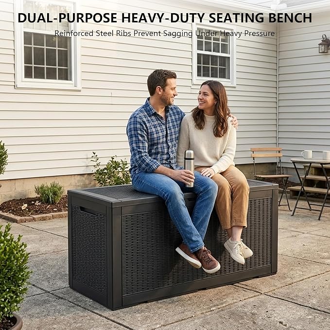 Outdoor Storage Box, 110 Gallon Waterproof Deck Box [Upgraded 3.0], Auto-Open Gas Struts Resin Organizer for Lounger Pillows, Secure Lockable Backyard Storage Bench, Poolside Deck, Black