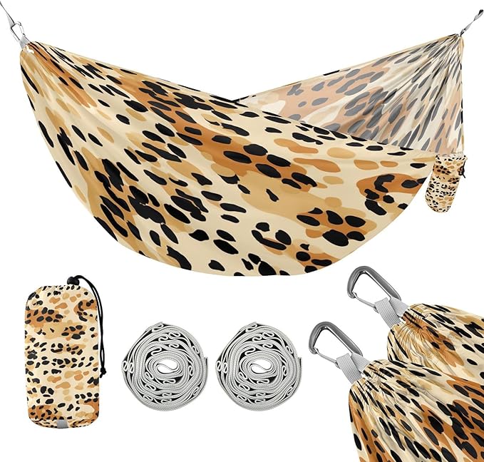Qilmy Leopard Print Camping Hammock Single – 330 lbs Capacity, Lightweight with Tree Straps & Carabiners, Portable for Hiking, Travel, Backpacking