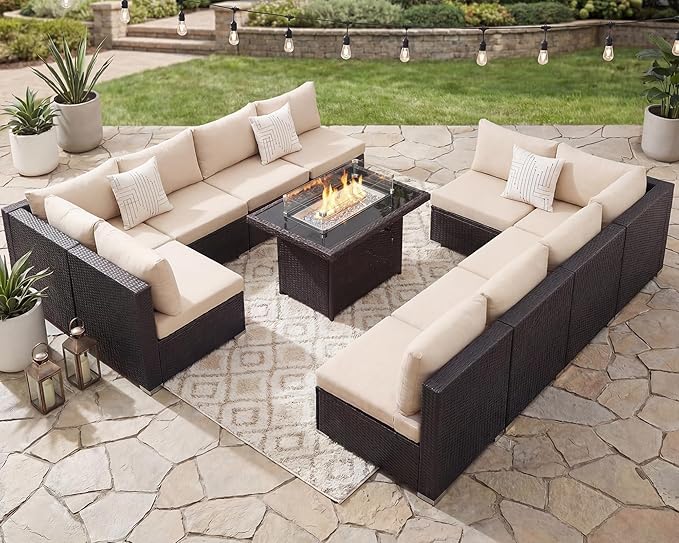 BULEXYARD 11 Piece High Back Wicker Patio Furniture Sets with Fire Pit, Luxury Plus Size Outdoor Seating Set, Comfortable Extra Wide Deep 10-Seater Sectional Couch Sofa for Outside, Brown & Beige