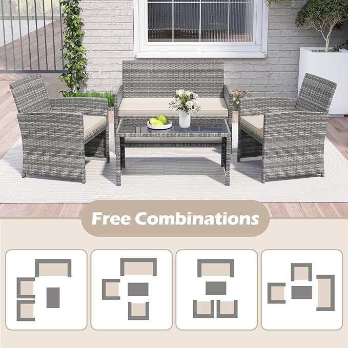 RELAX4LIFE 4-Piece Patio Furniture Set - Wicker Rattan Outdoor Sectional Sofa Set w/Glass Coffee Table, Loveseat, 2 Chairs & Soft Cushions, Bistro Conversation for Garden Porch (1, Grey-Off White)