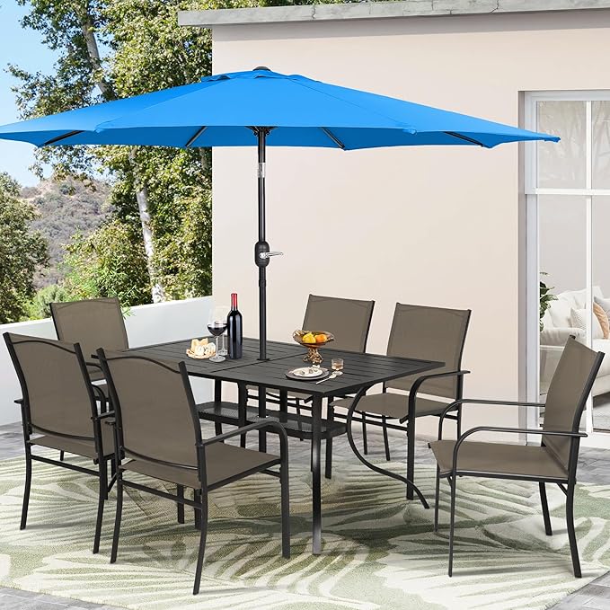 Crownland 7 Piece Patio Dining Set, Textilene Dining Sets, 6 Textilene Metal Chairs and Rectangular Outdoor Dining Table with Sky Blue 9FT Round Outdoor Umbrella (Brown)