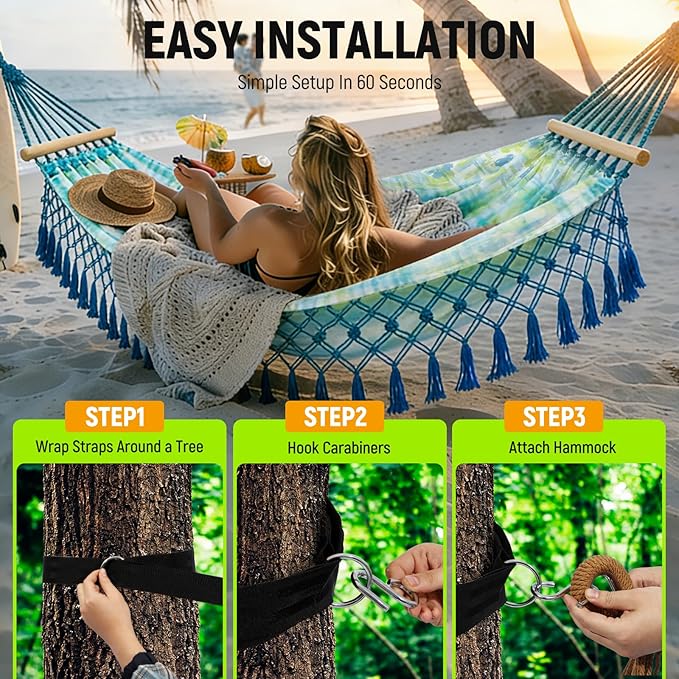 Portable Hammock, Bohemian Hammock,2person Hammock,for Suitable,Patio,Beach,Backyard,Garden,（Cyan 79 * 59