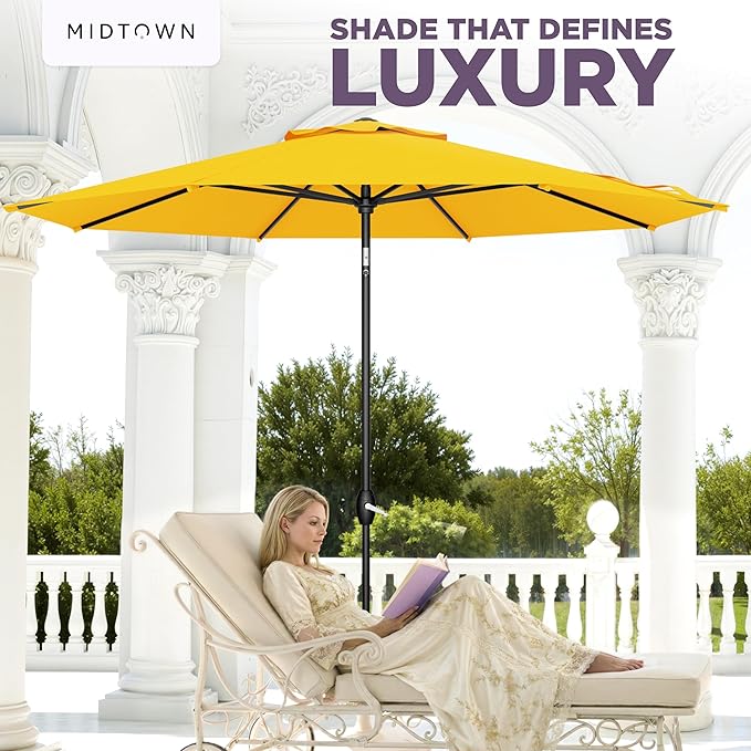 Midtown Umbrellas - The Lean 8 Ft Patio Umbrella with Fade-Resistant Sunbrella Fabric, Auto-Tilt Aluminum Frame and 8 Reinforced Ribs for Deck, Pool & Garden - Yellow Canopy, Black Pole