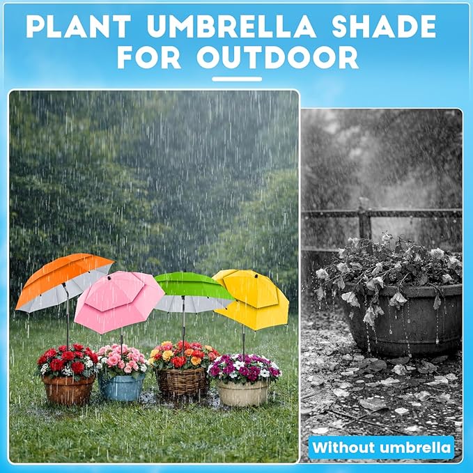 4 Pack 24.9" Double Canopy 47.2" Height Plant Umbrellas for Outdoor Plants, 3D Stakes 360° Adjustable Plant Shades for Outdoor Plants, Garden