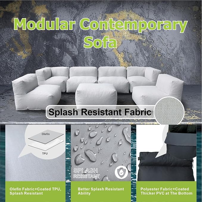 Patio Furniture Set Bean Bag Outdoor Chairs Sectional Conversation Patio Set Daybed Furniture Outdoor Sofa Couch High Density Foam Filling Modern Comfy Patio Couch (Light Gray), A01-7G